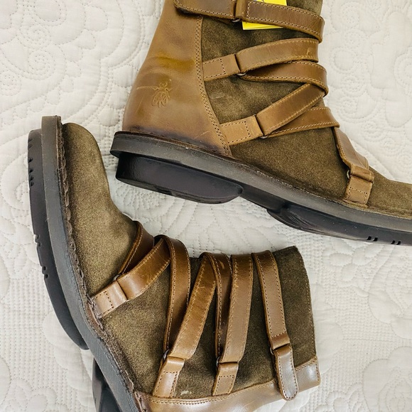 Fly London Shoes - NEW FLY London side zip booties brown leather/olive suede 8M euro 39